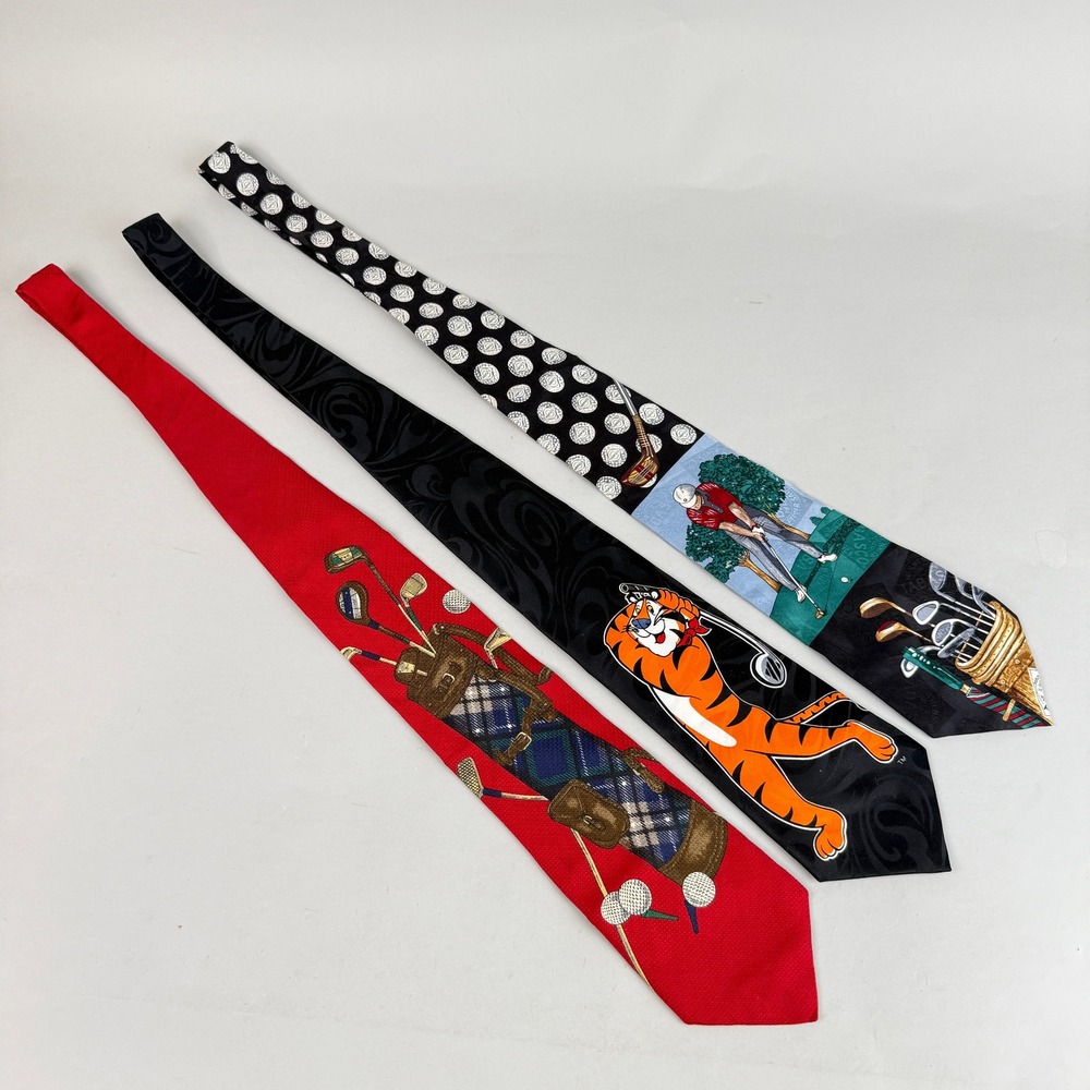 Vintage Novelty Necktie Lot Golf Tiger Tony Kellogg's Tabasco Silk Ties 1990s